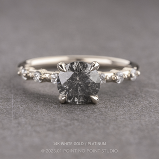 1.78 Carat Salt and Pepper Round Diamond Engagement Ring, Nova Setting, Point No Point Studio. Available in a variety of metal types. Eco-friendly, Recycled Metals, Conflict Free.