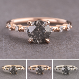 1.78 Carat Salt and Pepper Round Diamond Engagement Ring, Nova Setting, Point No Point Studio. Available in a variety of metal types. Eco-friendly, Recycled Metals, Conflict Free.