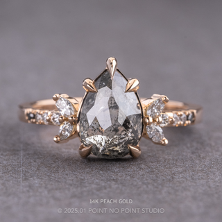 2.65 Carat Black Salt and Pepper Pear Diamond Engagement Ring, Ombre Apollo Setting, Point No Point Studio. Available in a variety of metal types. Eco-friendly, Recycled Metals, Conflict Free.