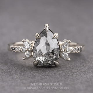 2.65 Carat Black Salt and Pepper Pear Diamond Engagement Ring, Ombre Apollo Setting, Point No Point Studio. Available in a variety of metal types. Eco-friendly, Recycled Metals, Conflict Free.