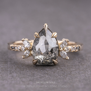 2.65 Carat Black Salt and Pepper Pear Diamond Engagement Ring, Ombre Apollo Setting, Point No Point Studio. Available in a variety of metal types. Eco-friendly, Recycled Metals, Conflict Free.