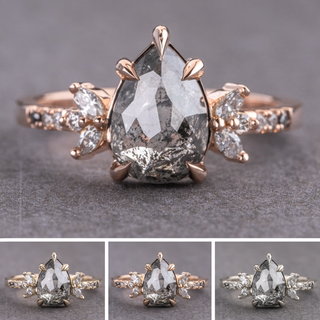 2.65 Carat Black Salt and Pepper Pear Diamond Engagement Ring, Ombre Apollo Setting, Point No Point Studio. Available in a variety of metal types. Eco-friendly, Recycled Metals, Conflict Free.
