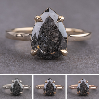 3.10 Carat Black Salt and Pepper Pear Diamond Engagement Ring, Lark Setting, Point No Point Studio. Available in a variety of metal types. Eco-friendly, Recycled Metals, Conflict Free.