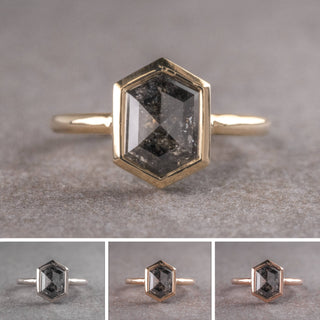 2.21 Carat Black Salt and Pepper Hexagon Diamond Engagement Ring, Bezel Jane Setting