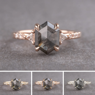 1.66 Carat Black Salt and Pepper Hexagon Diamond Engagement Ring, Eliza Setting