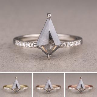 1.59 Carat Salt and Pepper Kite Diamond Engagement Ring, Juliette Setting, Point No Point Studio. Available in a variety of metal types. Eco-friendly, Recycled Metals, Conflict Free.