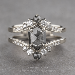 1.54 Carat Salt and Pepper Hexagon Diamond Engagement Ring, Empress Setting, Point No Point Studio. Available in a variety of metal types. Eco-friendly, Recycled Metals, Conflict Free.