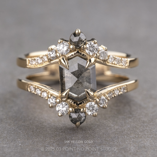 1.54 Carat Salt and Pepper Hexagon Diamond Engagement Ring, Empress Setting, Point No Point Studio. Available in a variety of metal types. Eco-friendly, Recycled Metals, Conflict Free.
