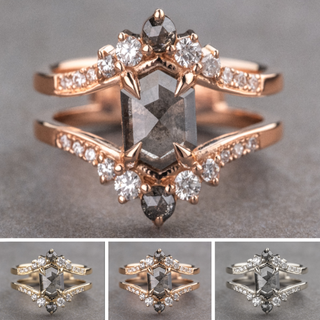 1.54 Carat Salt and Pepper Hexagon Diamond Engagement Ring, Empress Setting, Point No Point Studio. Available in a variety of metal types. Eco-friendly, Recycled Metals, Conflict Free.