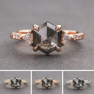 2.20 Carat Black Salt and Pepper Hexagon Diamond Engagement Ring, Eliza Setting