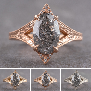 1.51 Carat Salt and Pepper Oval Diamond Engagement Ring, Engraved Arwen Setting