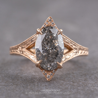 1.51 Carat Salt and Pepper Oval Diamond Engagement Ring, Engraved Arwen Setting