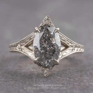 1.51 Carat Salt and Pepper Oval Diamond Engagement Ring, Engraved Arwen Setting