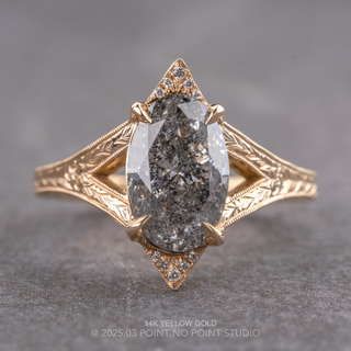 1.51 Carat Salt and Pepper Oval Diamond Engagement Ring, Engraved Arwen Setting