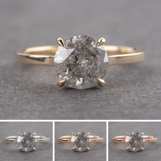 2.04 Carat Salt and Pepper Round Diamond Engagement Ring, Jade Setting, Point No Point Studio. Available in a variety of metal types. Eco-friendly, Recycled Metals, Conflict Free.