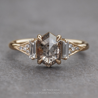 1.81 Carat Salt and Pepper Hexagon Diamond Engagement Ring, Azalea Setting, Point No Point Studio. Available in a variety of metal types. Eco-friendly, Recycled Metals, Conflict Free.