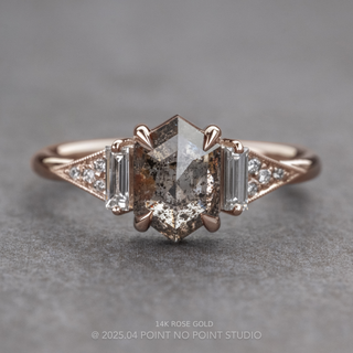 1.81 Carat Salt and Pepper Hexagon Diamond Engagement Ring, Azalea Setting, Point No Point Studio. Available in a variety of metal types. Eco-friendly, Recycled Metals, Conflict Free.