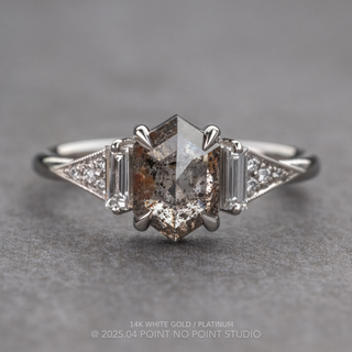 1.81 Carat Salt and Pepper Hexagon Diamond Engagement Ring, Azalea Setting, Point No Point Studio. Available in a variety of metal types. Eco-friendly, Recycled Metals, Conflict Free.