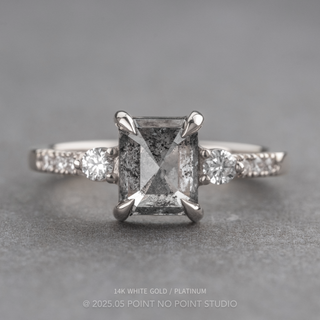 1.35 Carat Salt and Pepper Rectangle Diamond Engagement Ring, Eliza Setting, Point No Point Studio. Available in a variety of metal types. Eco-friendly, Recycled Metals, Conflict Free.
