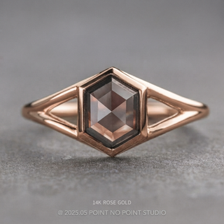 1.90 Carat Smoky Black Hexagon Diamond Engagement Ring, Split Shank Bezel Jane, Point No Point Studio. Available in a variety of metal types. Eco-friendly, Recycled Metals, Conflict Free.
