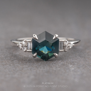 1.36 Carat Teal Hexagon Sapphire and Diamond Engagement Ring, Dahlia Setting