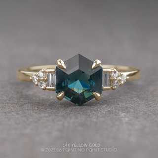 1.36 Carat Teal Hexagon Sapphire and Diamond Engagement Ring, Dahlia Setting