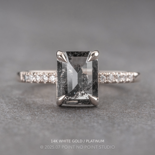 1.57 Carat Black Speckled Emerald Shaped Diamond Engagement Ring, Jules Setting
