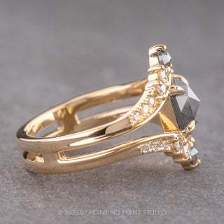 1.54 Carat Black Speckled Hexagon Diamond Engagement Ring, Empress Setting, 14K Yellow Gold