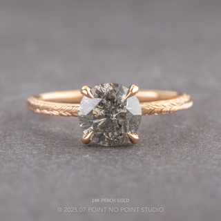 1.59 Carat Salt and Pepper Round Diamond Engagement Ring, Engraved Tulip Jane Setting, Point No Point Studio. Available in a variety of metal types. Eco-friendly, Recycled Metals, Conflict Free.