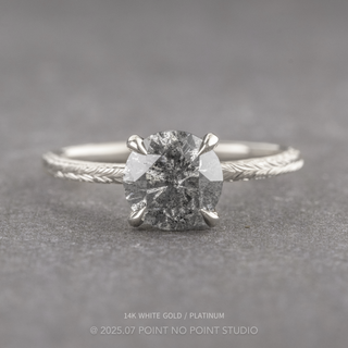 1.59 Carat Salt and Pepper Round Diamond Engagement Ring, Engraved Tulip Jane Setting, Point No Point Studio. Available in a variety of metal types. Eco-friendly, Recycled Metals, Conflict Free.
