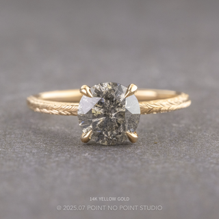 1.59 Carat Salt and Pepper Round Diamond Engagement Ring, Engraved Tulip Jane Setting, Point No Point Studio. Available in a variety of metal types. Eco-friendly, Recycled Metals, Conflict Free.