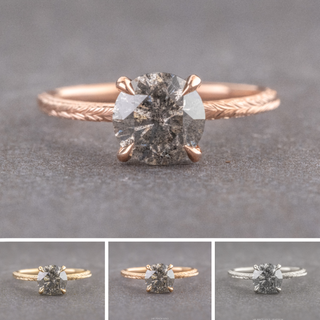 1.59 Carat Salt and Pepper Round Diamond Engagement Ring, Engraved Tulip Jane Setting