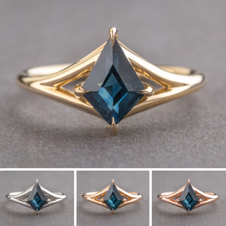1.98 Carat Blue Kite Sapphire Engagement Ring, Split Shank Jane Setting, Point No Point Studio. Available in a variety of metal types. Eco-friendly, Recycled Metals, Conflict Free.