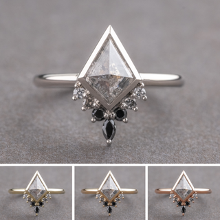 1.57 Carat Salt and Pepper Kite Diamond Engagement Ring, Bezel Ombre Ava Setting
