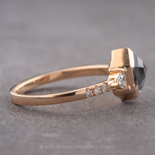 1.71 Carat Black Speckled Hexagon Diamond Engagement Ring, Bezel Eliza Setting, 14K Peach Gold