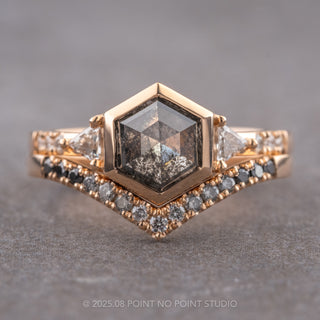 1.71 Carat Black Speckled Hexagon Diamond Engagement Ring, Bezel Eliza Setting, 14K Peach Gold