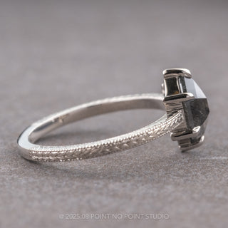 1.36 Carat Black Speckled Hexagon Diamond Engagement Ring, Engraved Jane Setting, Platinum