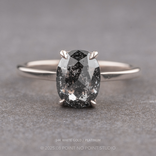 2.97 Carat Black Salt and Pepper Oval Diamond Engagement Ring, Lark Setting, Point No Point Studio. Available in a variety of metal types. Eco-friendly, Recycled Metals, Conflict Free.
