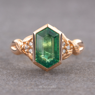 2.11 Carat Hexagon Emerald and Diamond Engagement Ring, Bezel Leaf Quinn Setting