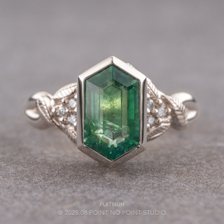 2.11 Carat Hexagon Emerald and Diamond Engagement Ring, Bezel Leaf Quinn Setting