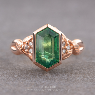2.11 Carat Hexagon Emerald and Diamond Engagement Ring, Bezel Leaf Quinn Setting
