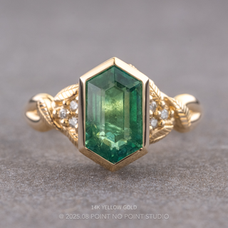 2.11 Carat Hexagon Emerald and Diamond Engagement Ring, Bezel Leaf Quinn Setting