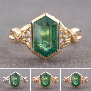 2.11 Carat Hexagon Emerald and Diamond Engagement Ring, Bezel Leaf Quinn Setting