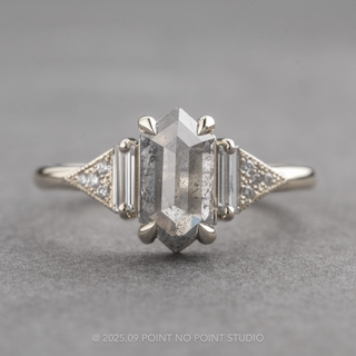 1.83 Carat Salt and Pepper Hexagon Diamond Engagement Ring, Azalea Setting, 14K White Gold