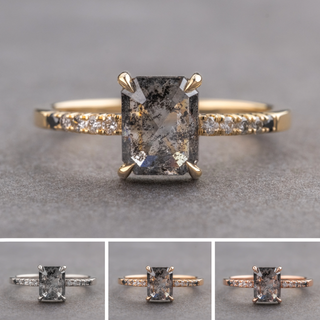1.40 Carat Salt and Pepper Emerald Shaped Diamond Engagement Ring, Ombre Jules Setting