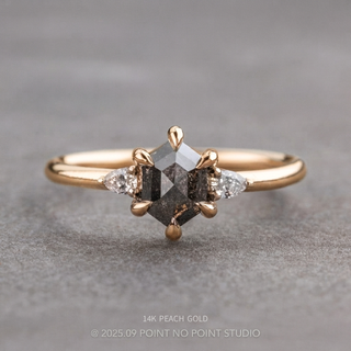 1.27 Carat Black Salt and Pepper Hexagon Diamond Engagement Ring, Zoe Setting, Point No Point Studio. Available in a variety of metal types. Eco-friendly, Recycled Metals, Conflict Free.