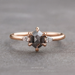 1.27 Carat Black Salt and Pepper Hexagon Diamond Engagement Ring, Zoe Setting, Point No Point Studio. Available in a variety of metal types. Eco-friendly, Recycled Metals, Conflict Free.