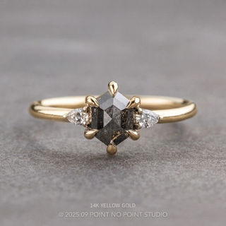1.27 Carat Black Salt and Pepper Hexagon Diamond Engagement Ring, Zoe Setting, Point No Point Studio. Available in a variety of metal types. Eco-friendly, Recycled Metals, Conflict Free.