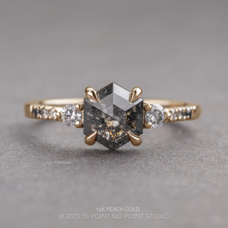1.34 Carat Black Salt and Pepper Hexagon Diamond Engagement Ring, Ombre Eliza Setting, Point No Point Studio. Available in a variety of metal types. Eco-friendly, Recycled Metals, Conflict Free.