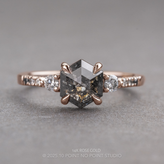 1.34 Carat Black Salt and Pepper Hexagon Diamond Engagement Ring, Ombre Eliza Setting, Point No Point Studio. Available in a variety of metal types. Eco-friendly, Recycled Metals, Conflict Free.